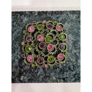 Vintage Sarah Coventry Brooch Pink & Green Rhinestones  Ornate Gold-Tone Floral